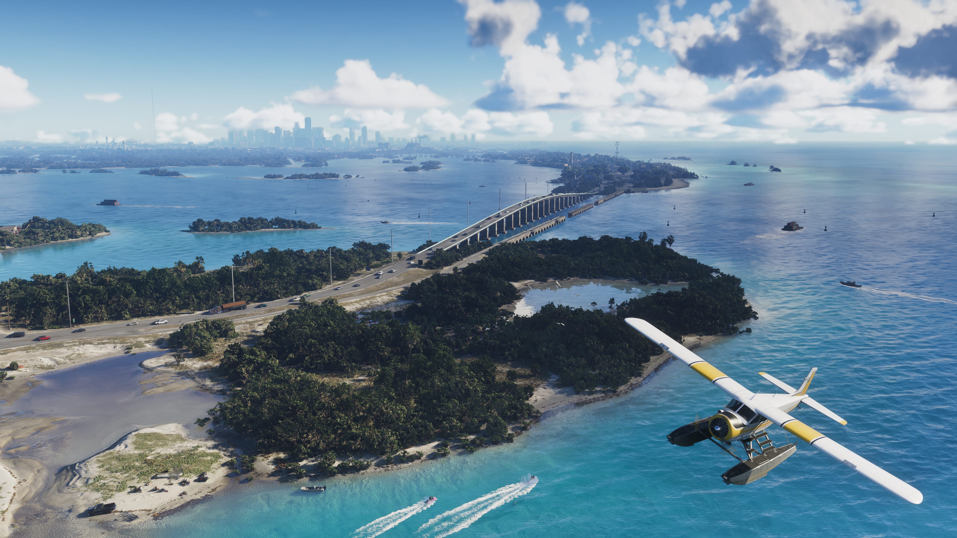 A seaplane above the islands and bridges of Leonida Keys.